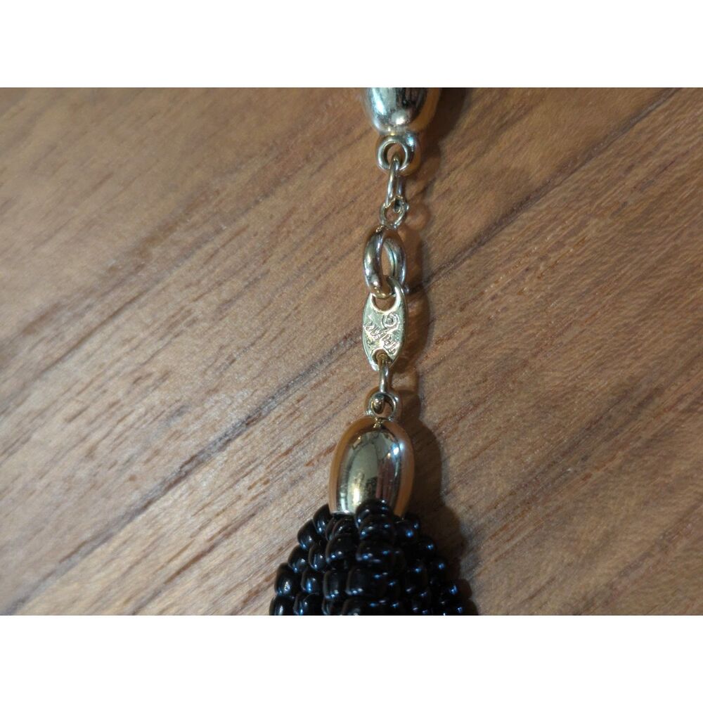 Trifari Black Beaded 10 Strand Statement Necklace with Gold Clasp - 23"